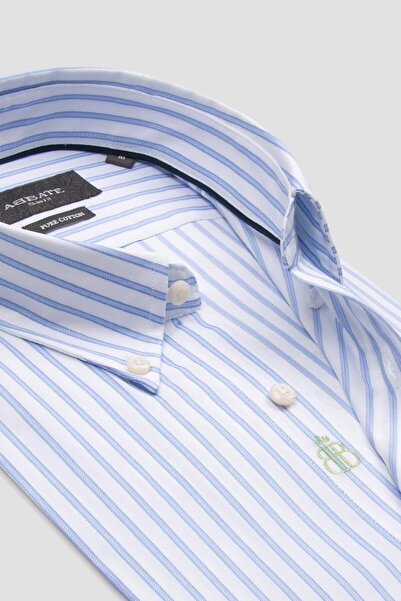 Abbate Carlo Twill Pamuklu Slim Fit Açık Mavi Düğmeli Yaka Erkek Çizgili Gömlek