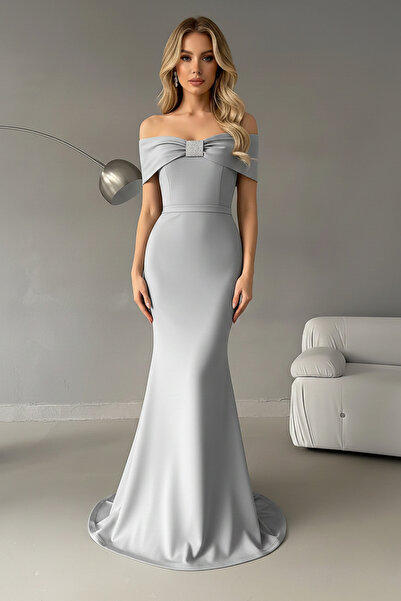 KHİ-ZAİ Madonna Collar Stone Detail Maxi Length Scuba Fabric Fish Evening Dress