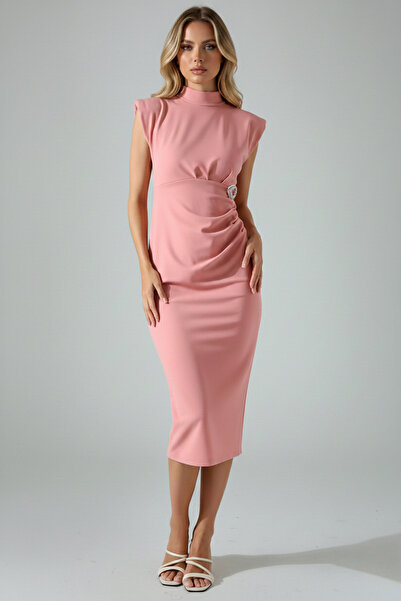 KHİ-ZAİ Women's Brooch Detailed Turtleneck Draped and Shoulder Pad Piece Crep...