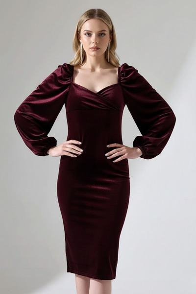 İntive Lingerie Women's Sweetheart Neck Balloon Sleeve Velvet Midi Dress