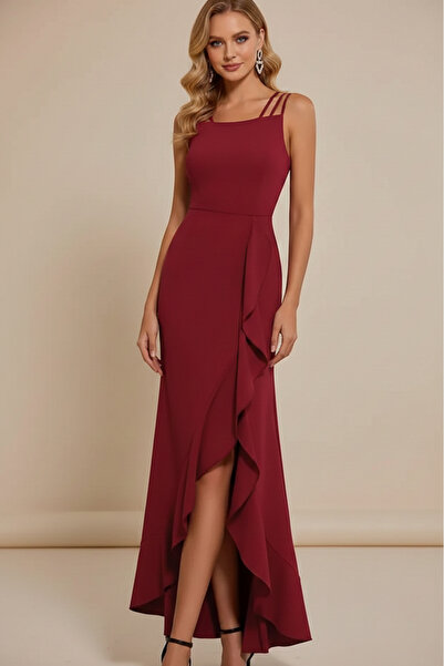 KHİ-ZAİ Women's Rope Strap Volan Detailed Long Y Slit Evening Dress