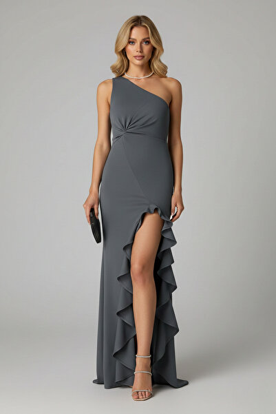 KHİ-ZAİ Women's One Shoulder Knot Detail Slit Long Scuba Fabric Evening Dress