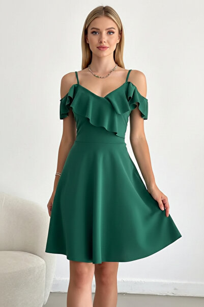 KHİ-ZAİ Women's Strappy Shoulder Ruffle Dress