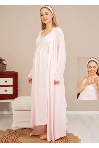 Baha Tesettüre Uygun Kolları Dantelli Sabahlıklı Ve Askılı Gecelik Ekru-Laciv...