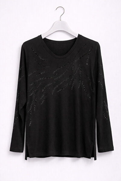 günay boutıque Stone Detailed Black Long Sleeve T-Shirt Blouse