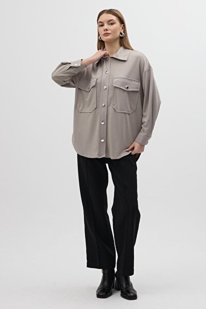EssCouture Gri Büyük Cepli Ceket Yaka Uzun Kollu Kadın Gömlek