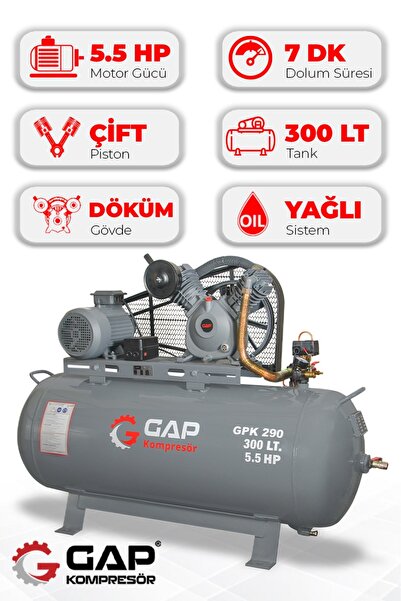GAP KOMPRESÖR Hava Kompresörü Pistonlu 300LT 2 Kafa 12 Bar 5.5 Hp GPK290