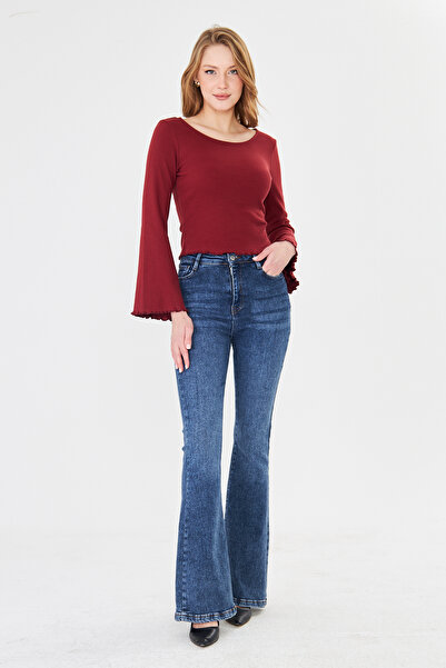 Avones Women's Wide Round Neck Bebe Overlock Detailed Ribbed Knit Long Sleeve...