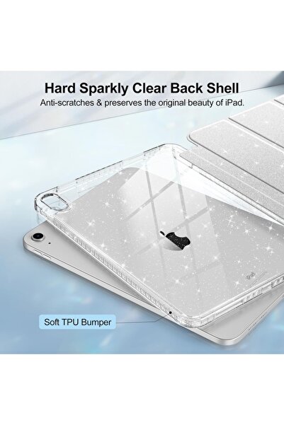 UnDePlus iPad Air 11inç M4/M3/M2 2026-2024 Kılıf Simli Işıltılı Parlak Grafiti Şeffaf Kalem Bölmeli Gümüş