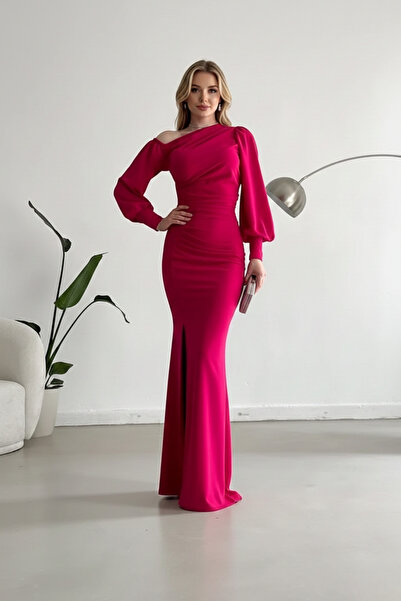 KHİ-ZAİ Women's One Shoulder Open Detail Imported Crepe Fabric Maxi Length Lo...