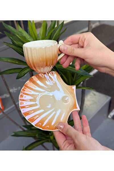 Onedekor طقم من 6 فناجين قهوة من الخزف اللؤلؤي باللون البرتقالي