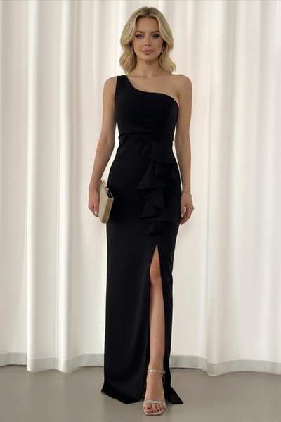 İntive Lingerie Women's One Shoulder Imported Crepe Fabric Flounce Evening Dress