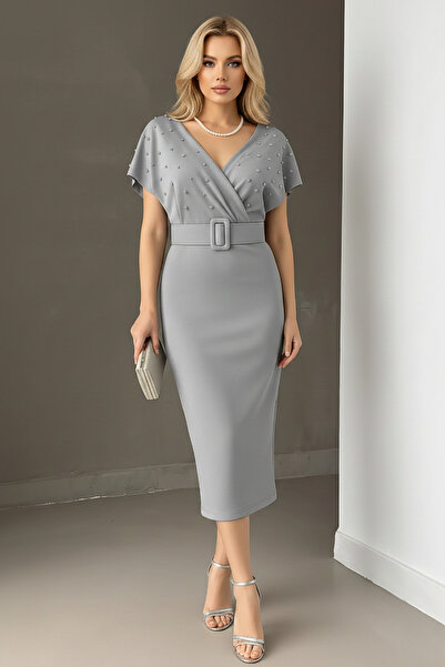 KHİ-ZAİ Women's Belted Scuba Fabric Pearl Detailed Dress