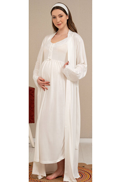 Baha Tesettüre Uygun Kolları Dantelli Sabahlıklı Ve Askılı Gecelik Ekru-Laciv...
