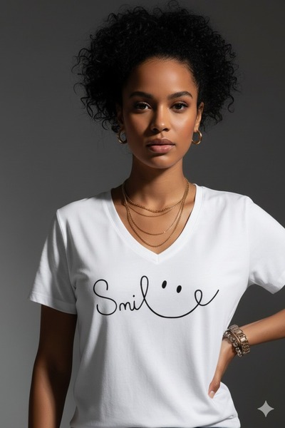 JENOLAN Γυναικείο μπλουζάκι με λαιμόκοψη V και στάμπα Smile, φαρδύ, oversized