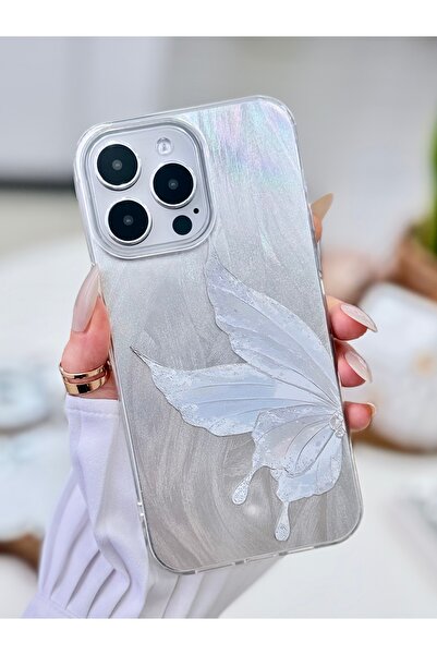 Go Aksesuar iPhone 14 Promax Compatible Shine Platinum Butterfly Print Silico...