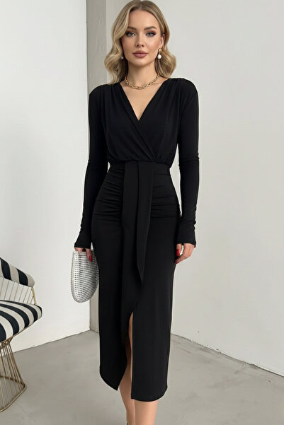 KHİ-ZAİ Women's Double-Breasted Collar Front Belted Draped Midi Dress