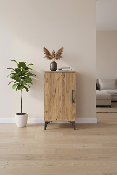 EnTrendMobilya Aura Komodin 2 Raflı Tek Kapaklı Çam-Çam | Yüksek Ayaklı Komodin