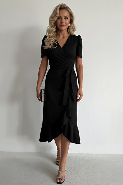 KHİ-ZAİ Women's Fabric Short Sleeve Belted Midi Dress