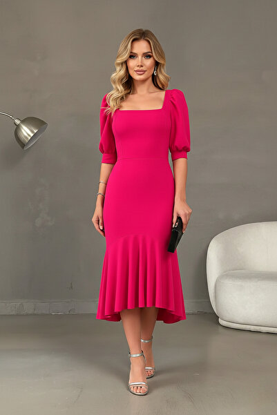 KHİ-ZAİ Women's Crepe Fabric Square Neck Balloon Sleeve Fish Model Midi Lengt...