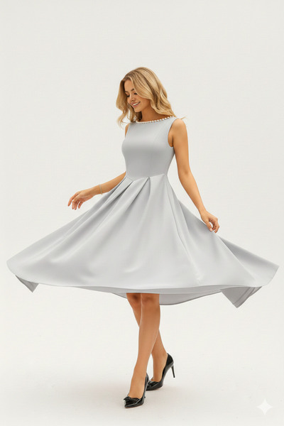 KHİ-ZAİ Women's Pearl Detailed A-Line Sleeveless Backless Scuba Fabric Midi L...