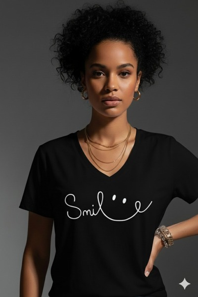 JENOLAN Tricou de damă cu decolteu în V și imprimeu Smile, lejer, supradimens...