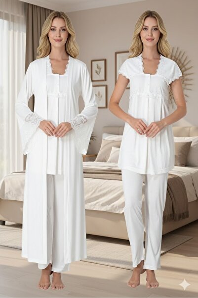 Pelin Women's Lace Detailed Adjustable Waist Short Sleeve Maternity 3-Piece P...