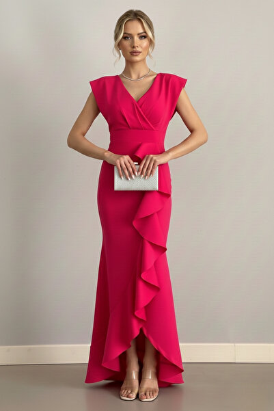 KHİ-ZAİ Women's Double-Breasted Collar Flounce Slit Detail Scuba Fabric Fish ...