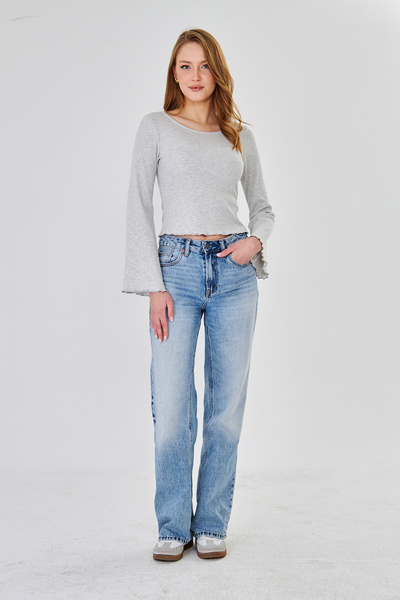 Avones Women's Wide Round Neck Bebe Overlock Detailed Ribbed Knit Long Sleeve Blouse