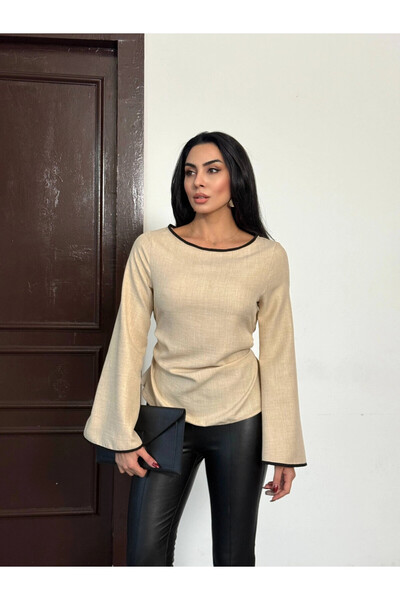 hazelin Women's Beige Rope Tied B Piped Detail Long Sleeve Linen Blouse Hzl25...