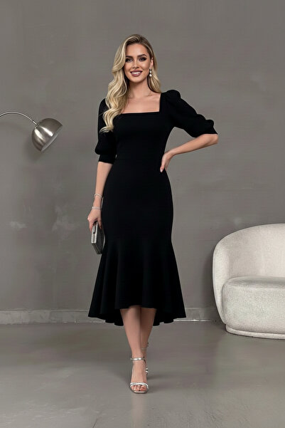 İntive Lingerie Women's Crepe Fabric Square Neck Balloon Sleeve Fish Model Mi...