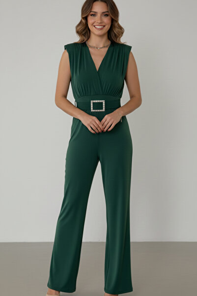 KHİ-ZAİ Women's Sandy Fabric Shoulder Pad Piece Jumpsuit with Belt Detail