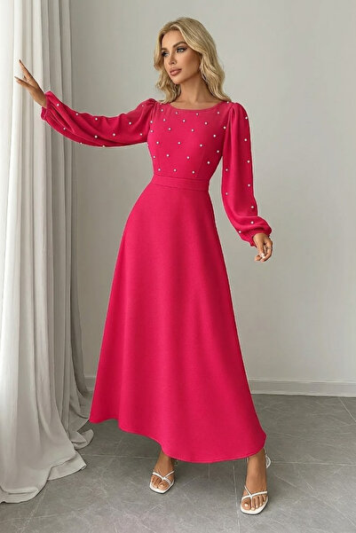 KHİ-ZAİ Women's Pearl Detail Round Neck Princess Sleeve Low Waistline Self Be...