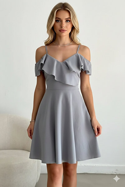 KHİ-ZAİ Women's Strappy Shoulder Ruffle Dress