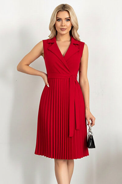 KHİ-ZAİ Women's Pleated and Belted Zero Sleeve Collar Belted Dress