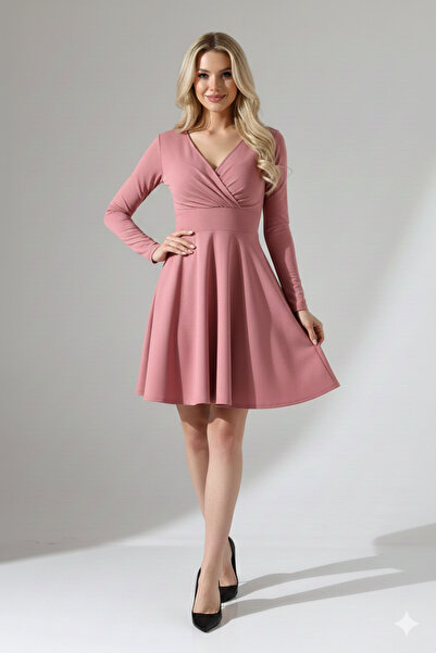 KHİ-ZAİ Women's Double-Breasted Collar Crepe Fabric Long Sleeve Flared Dress