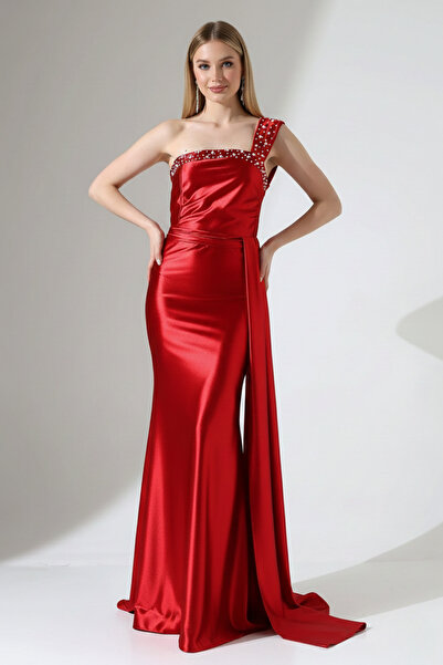 KHİ-ZAİ Satin Fabric Stone Detailed Tailed Maxi Length Evening Dress