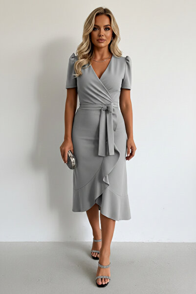 KHİ-ZAİ Women's Fabric Short Sleeve Belted Midi Dress