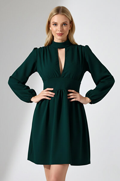 KHİ-ZAİ Women's Long Sleeve Low-Cut Zipper Crepe Fabric Dress