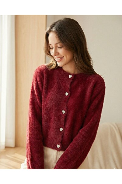 MİLAWOMAN Burgundy Crew Neck Heart Buttoned Furry Soft Women's Cardigan
