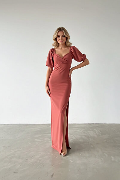 KHİ-ZAİ Women's Crepe Fabric Double-Breasted Collar Balloon Sleeve Slit Detai...