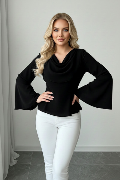 KHİ-ZAİ Women's Degaje Collar Spanish Sleeve Belted Blouse