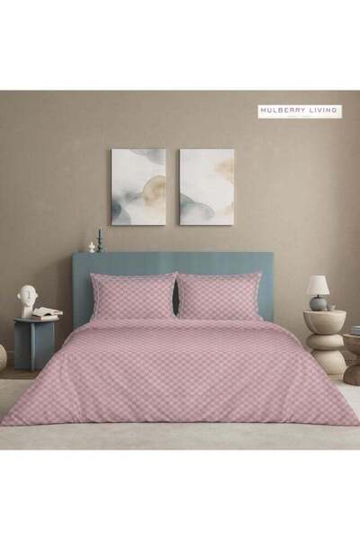 MULBERRY LIVING 100% Cotton -300 TC Urban Grid 4 Piece Duvet Set - Cameo rose
