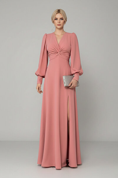 KHİ-ZAİ فستان نسائي من قماش الكريب بتفاصيل عقدة أمامية وطول ماكسي وأكمام طويل...