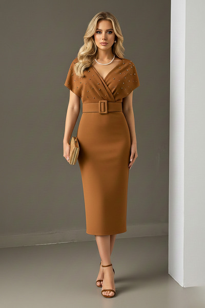 KHİ-ZAİ Women's Belted Scuba Fabric Pearl Detailed Dress