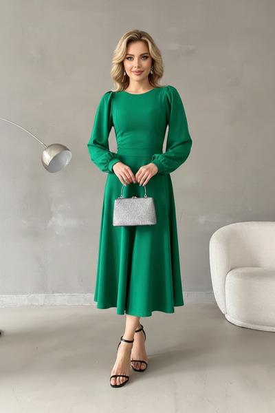 KHİ-ZAİ Women's Balloon Sleeve Midi Length Crew Neck Crepe Dress