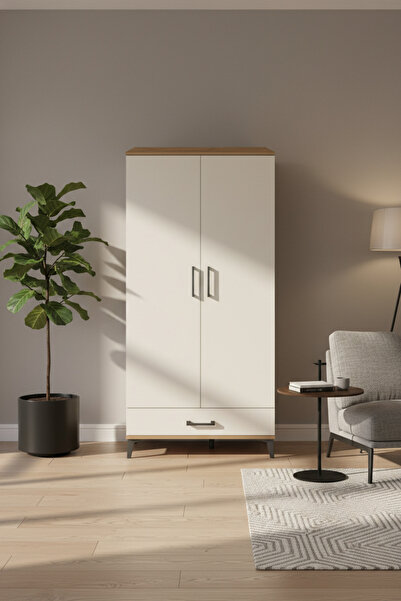 EnTrendMobilya Silva Dolap 5 Raflı Çekmeceli 2 Kapaklı Çam-Aytaşı (88x30x182)