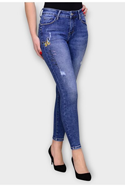 Elis Fashion High Waisted Skinny Navy Blue Jeans with Print