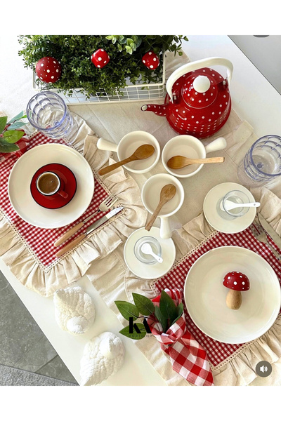 KaiAtelier Mia 2-Piece Raw Linen Checkered Ruffle Detailed American Tableclot...