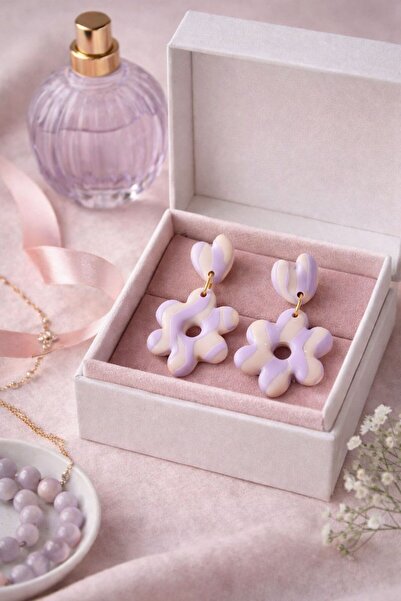 Aysha Tasarım Lilac and Beige Gradient Heart Flower Handmade Polymer Clay Ear...
